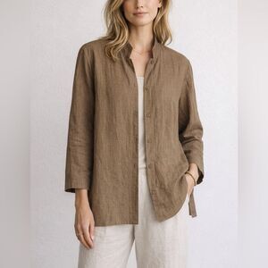 Eileen Fisher Linen Viscose Brown Stand Collar Button Down Shirt Size S